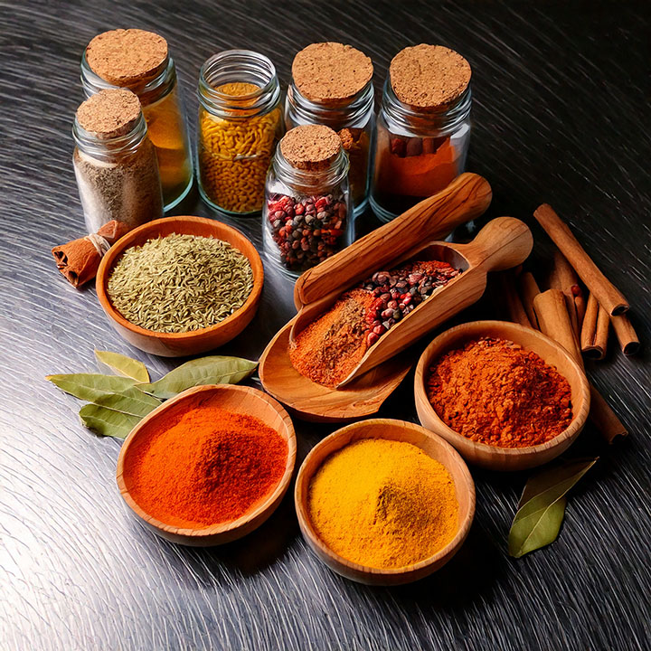Mise en valeur de plusieurs épices et condiments.